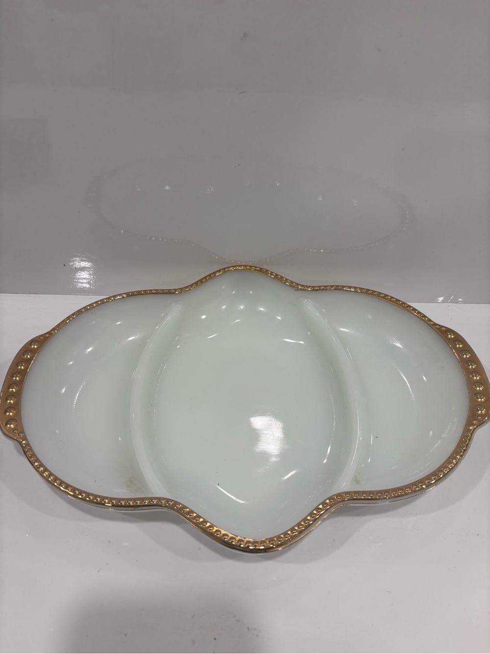 Vintage federal glass milk glass and gold divided tray made in USA relish tray